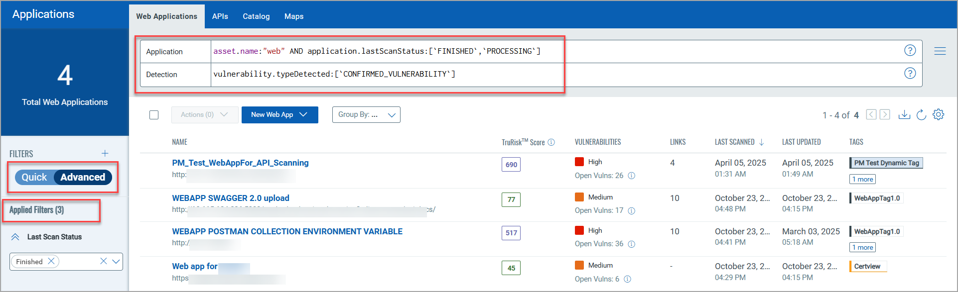 Example of Advanced Filter in Web Applications tab.